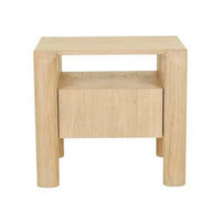 Globe West Willa Bedside table in satin oak with elliptical legs, open shelf, and push-to-open drawer