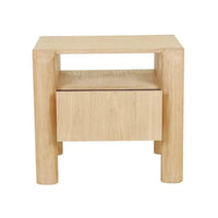 Globe West Willa Bedside table in Satin Oak with push-to-open drawer and open shelf, modern elliptical legs, solid oak construction