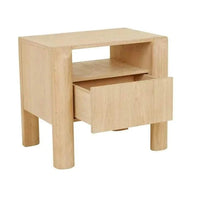 Globe West Willa Bedside table in satin oak with elliptical legs, push-to-open drawer, and open shelf