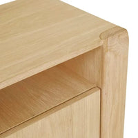 Globe West Willa Bedside table in satin oak with elliptical legs, push-to-open drawer, and open shelf