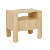 Globe West Willa Bedside Table in Satin Oak with elliptical legs, push-to-open drawer, and open shelf design