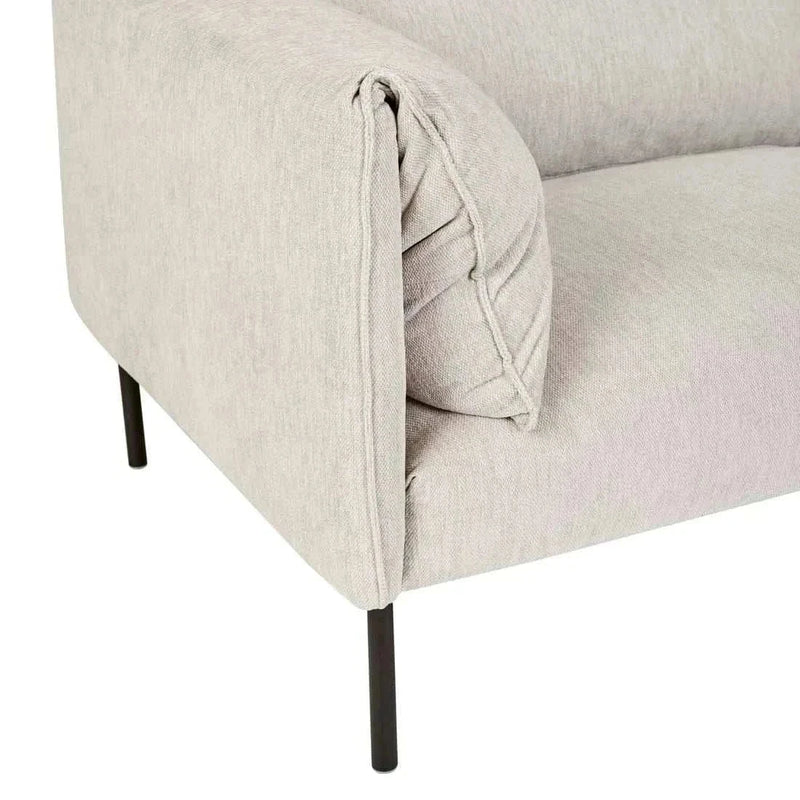 Close-up of Globe West Felix Fold 3 seater sofa in windy grey fabric with matte black metal leg
