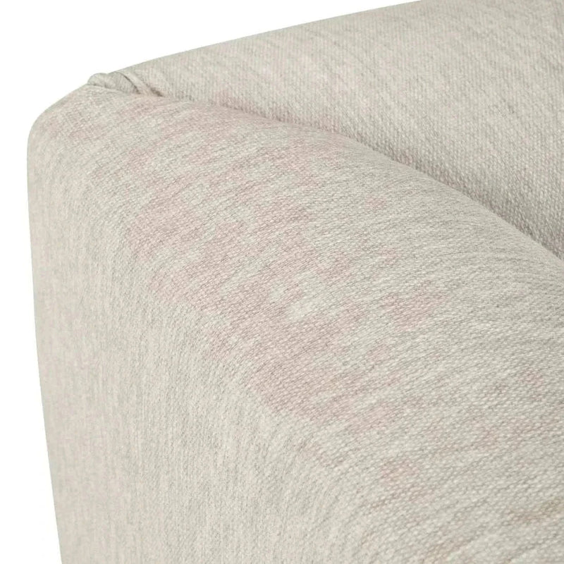 Close-up of Globe West Felix Fold 3 Seater Sofa armrest in windy grey fabric upholstery with metal leg
