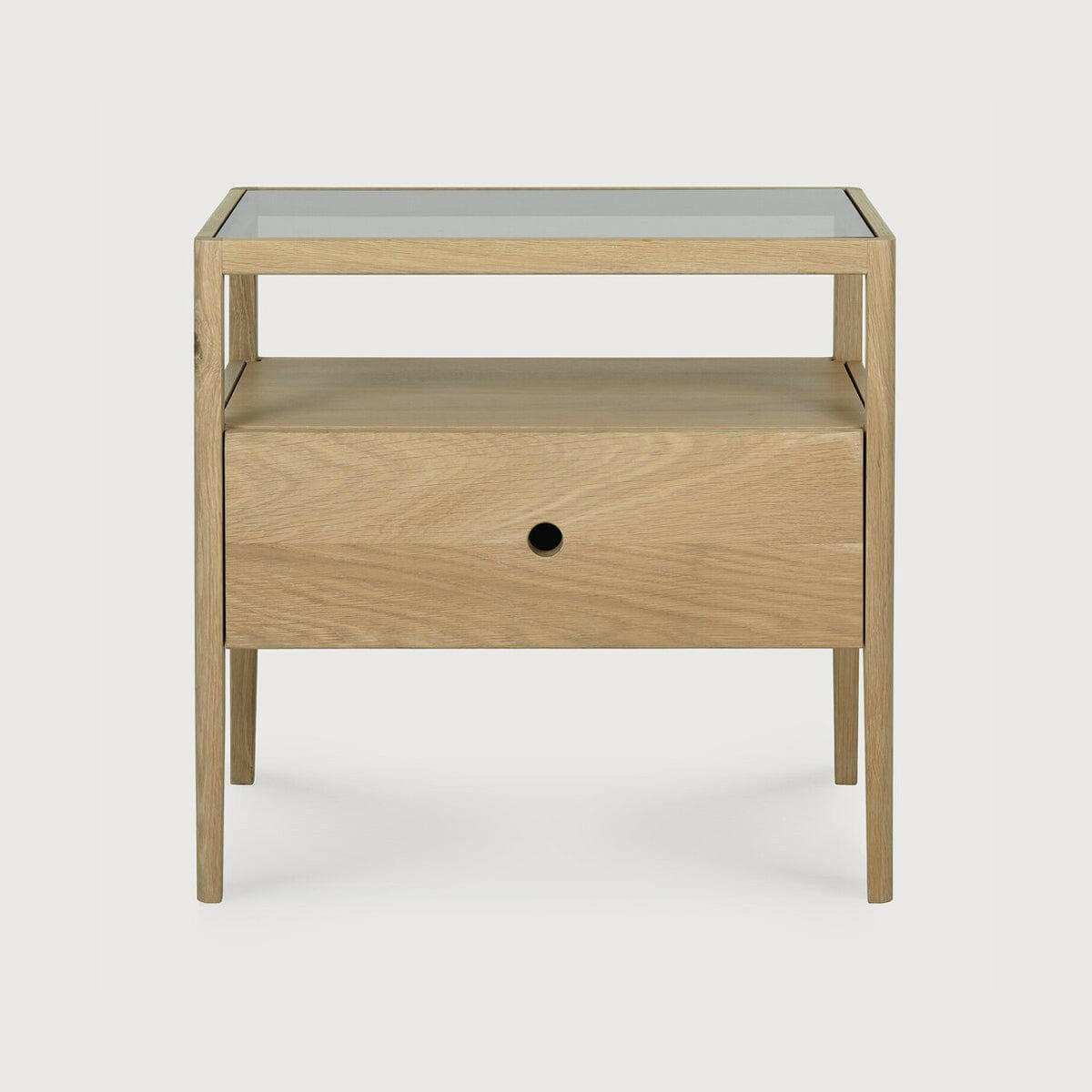 Ethnicraft Spindle Bedside table in natural oak with single drawer and smokey glass top