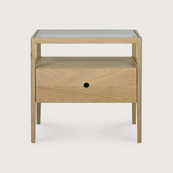 Ethnicraft Spindle Bedside table in natural oak with single drawer and smokey glass top