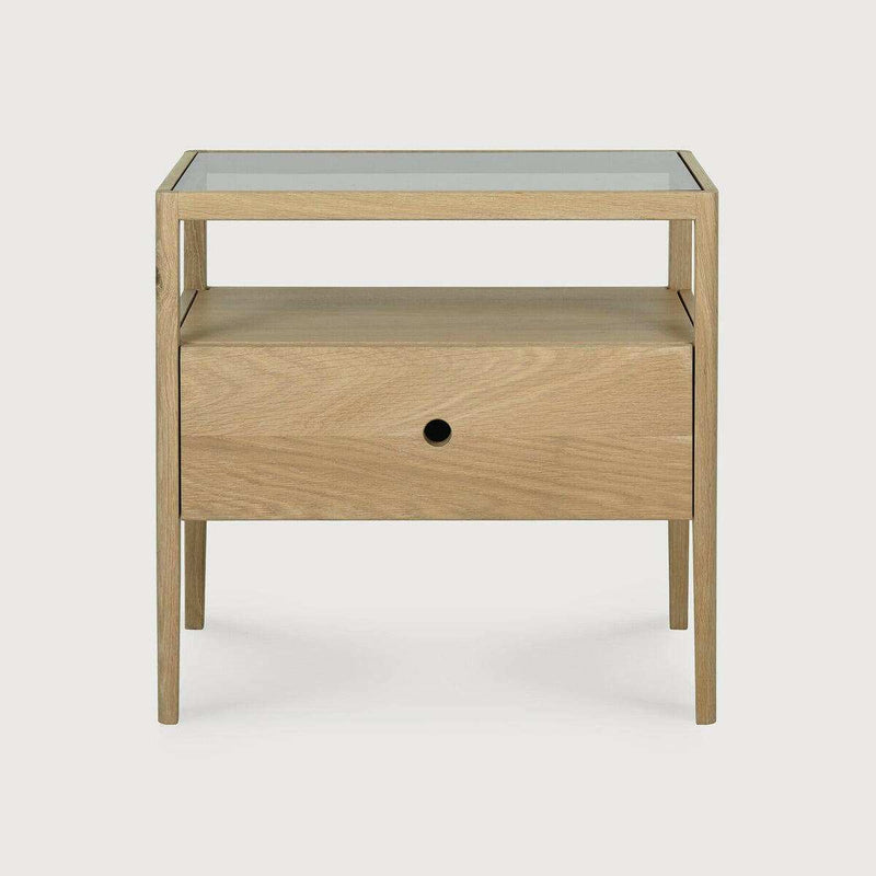 Ethnicraft Spindle Bedside table in natural oak with single drawer and smokey glass top