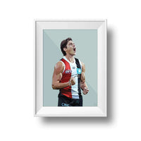Framed DG Designs Dom Gauci kids art print of Jack Steele in St Kilda AFL football uniform on sage green background
