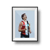DG Designs Dom Gauci kids art print of Jack Steele AFL football player in St Kilda FC uniform framed powder blue background