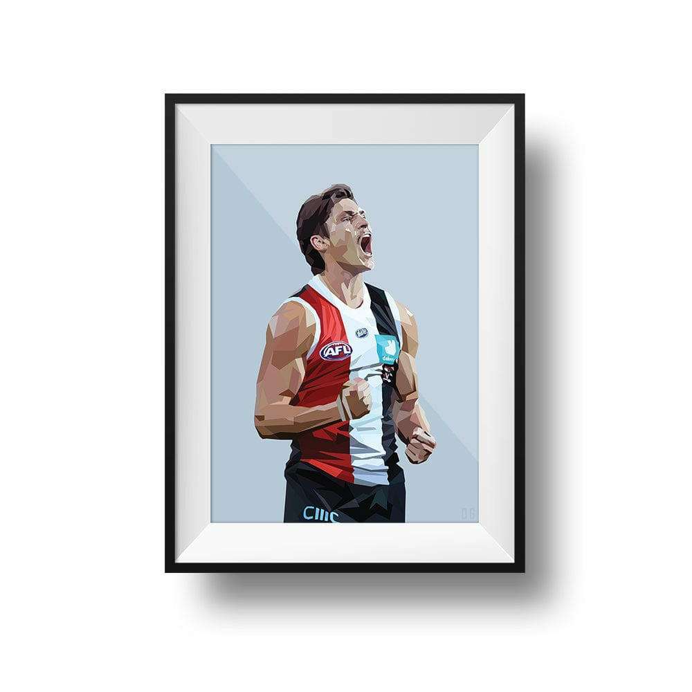 DG Designs Dom Gauci kids art print of Jack Steele AFL football player in St Kilda FC uniform framed powder blue background