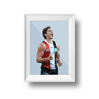 DG Designs Dom Gauci kids art print of Jack Steele in St Kilda FC AFL football uniform, powder blue background, framed in white
