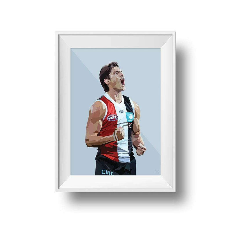 DG Designs Dom Gauci kids art print of Jack Steele in St Kilda FC AFL football uniform, powder blue background, framed in white