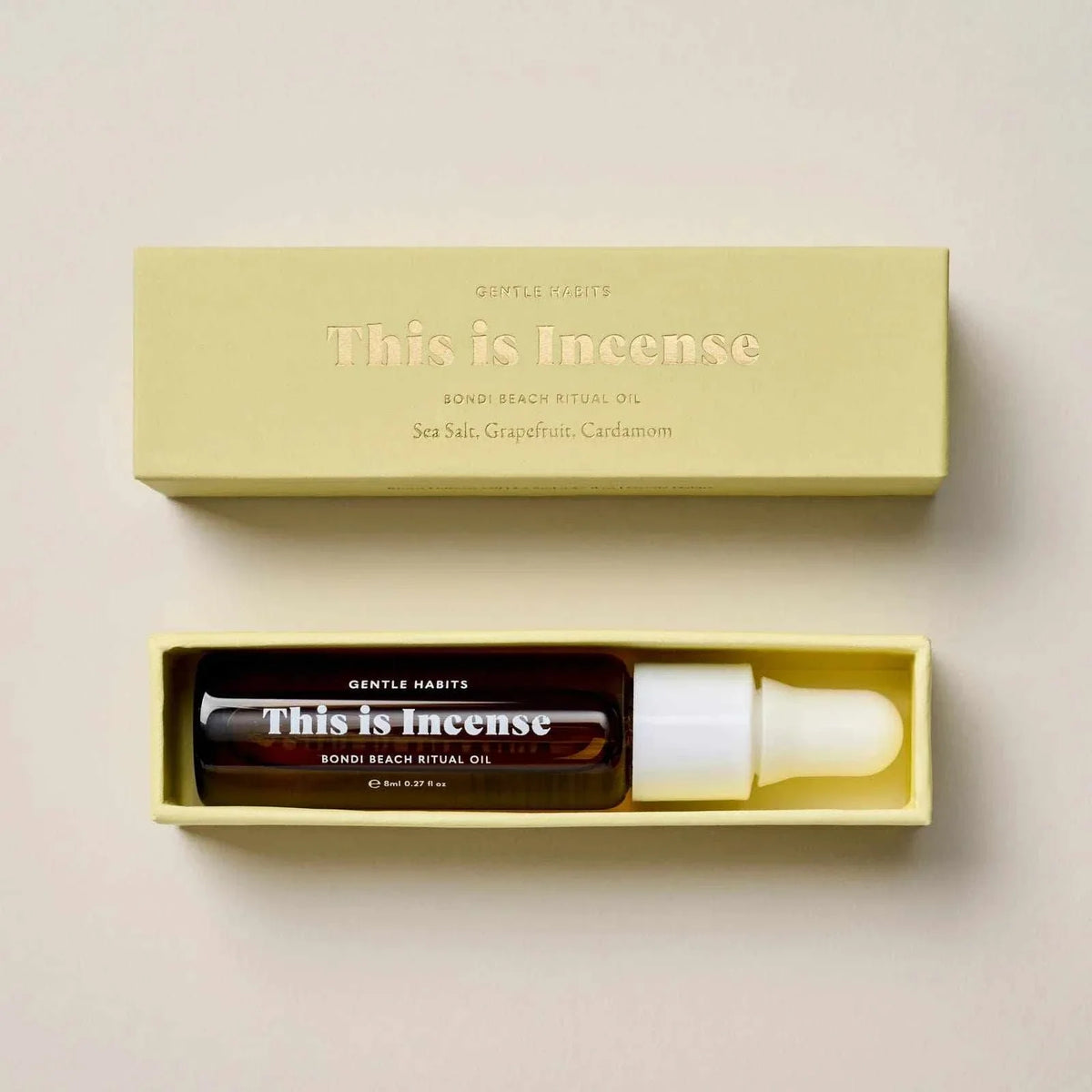 Gentle Habits diffuser oils Bondi Beach ritual oil with grapefruit, cardamom, and cedarwood in amber dropper bottle and yellow box