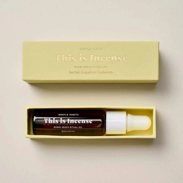 Gentle Habits diffuser oils Bondi Beach ritual oil with grapefruit, cardamom, and cedarwood in amber dropper bottle and yellow box