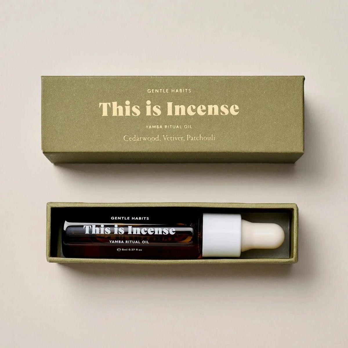 Gentle Habits collection This is Incense Yamba Ritual Diffuser Oil with cedarwood, vetiver, and patchouli in 8ml bottle with dropper in green box