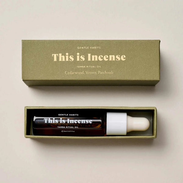 Gentle Habits collection This is Incense Yamba Ritual Diffuser Oil with cedarwood, vetiver, and patchouli in 8ml bottle with dropper in green box