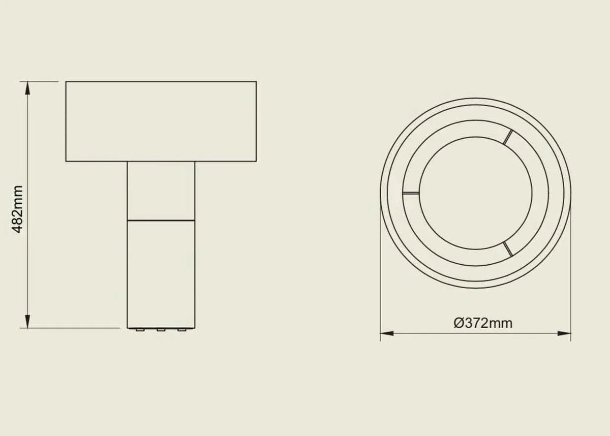 Technical drawing of POTT Lighting Terra Table Lamp in combo rust showing dimensions 48.2cm height and 37.2cm width.