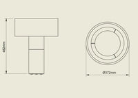 Technical drawing of POTT Lighting Terra Table Lamp in combo rust showing dimensions 48.2cm height and 37.2cm width.