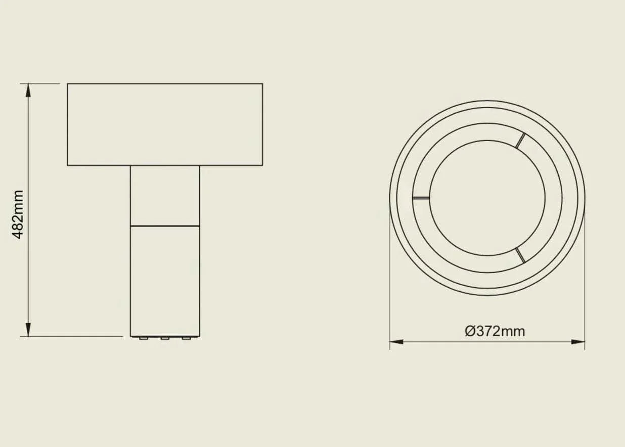 Technical drawing of POTT Lighting Terra Table Lamp in combo rust showing dimensions 48.2cm height and 37.2cm width.