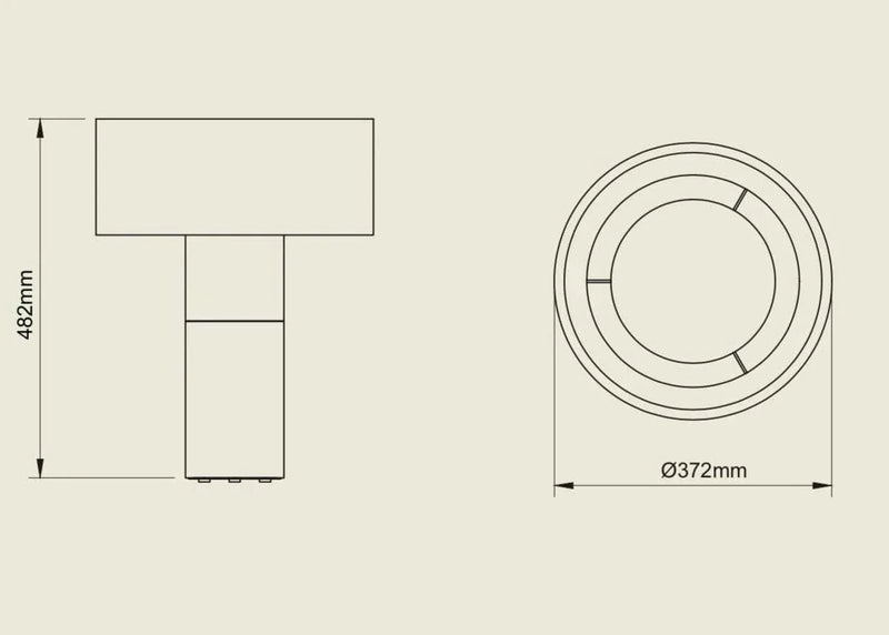 POTT Lighting Terra Table Lamp dimensions diagram showing 482mm height and 372mm diameter in matte white and dark terracotta finish