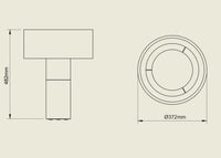 Dimensions diagram of POTT Lighting Terra Table Lamp in combo white, showing height 482mm and diameter 372mm from top view.