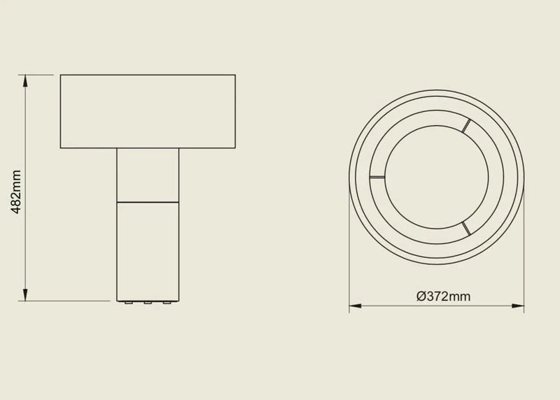 Dimensions diagram of POTT Lighting Terra Table Lamp in combo white, showing height 482mm and diameter 372mm from top view.