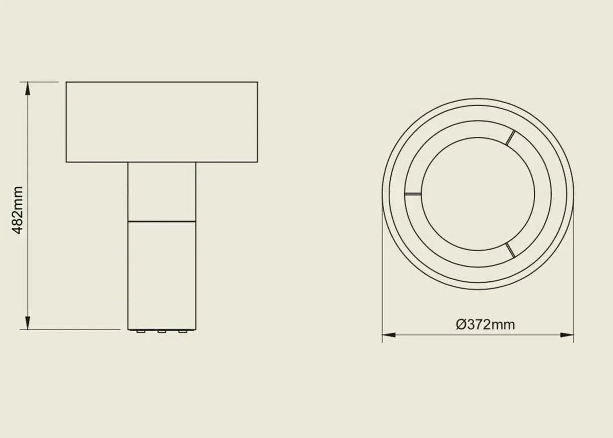 POTT Lighting Terra Table Lamp technical drawing showing dimensions 482mm height and 372mm diameter.
