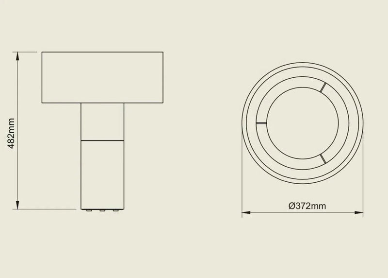 POTT Lighting Terra Table Lamp technical drawing showing dimensions 482mm height and 372mm diameter.