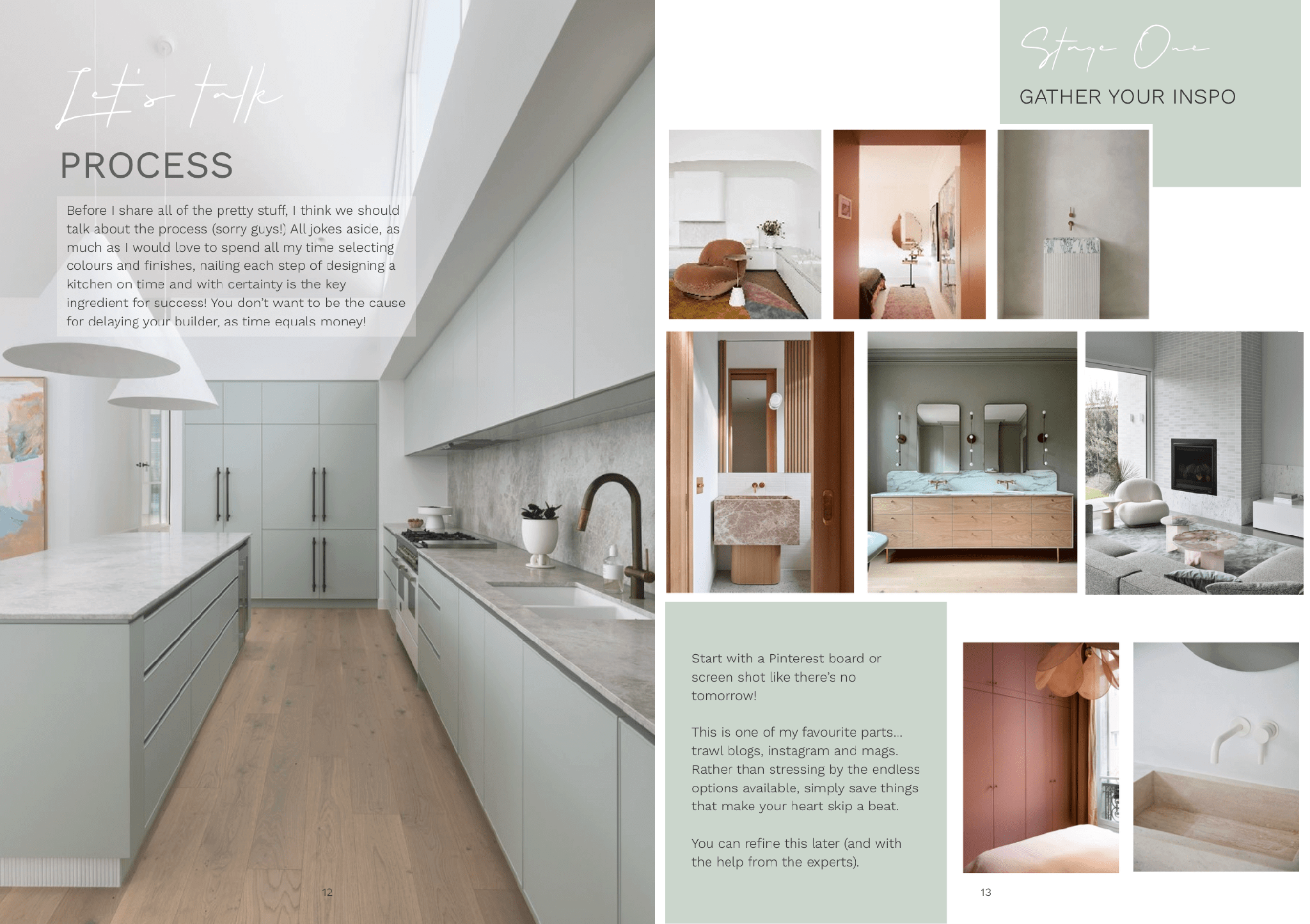Digital Magazine kitchen design spread featuring modern cabinetry, marble countertops, and home inspiration collage with styling tips.