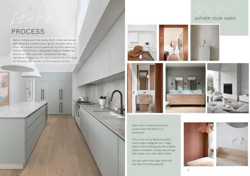 Digital Magazine kitchen design spread featuring modern cabinetry, marble countertops, and home inspiration collage with styling tips.