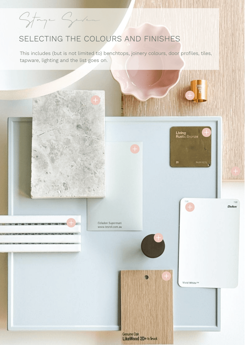 Digital magazine style guide showing kitchen colours, finishes, and material samples including stone, wood, and paint swatches for home design inspiration.