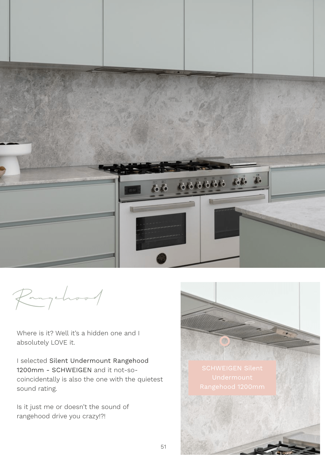 Modern kitchen with gray silent undermount rangehood and dual oven stove in digital magazine feature