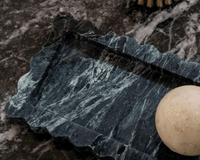 CoTheory Palazzo scalloped marble bar tray in Verdi Alpi with narrow profile and luxurious green veining