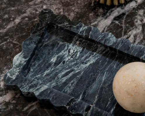 CoTheory Palazzo scalloped marble bar tray in Verdi Alpi with narrow profile and luxurious green veining