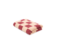 Folded Loop Home Bath Towel in ruby and almond blush brick checkered design made from organic cotton