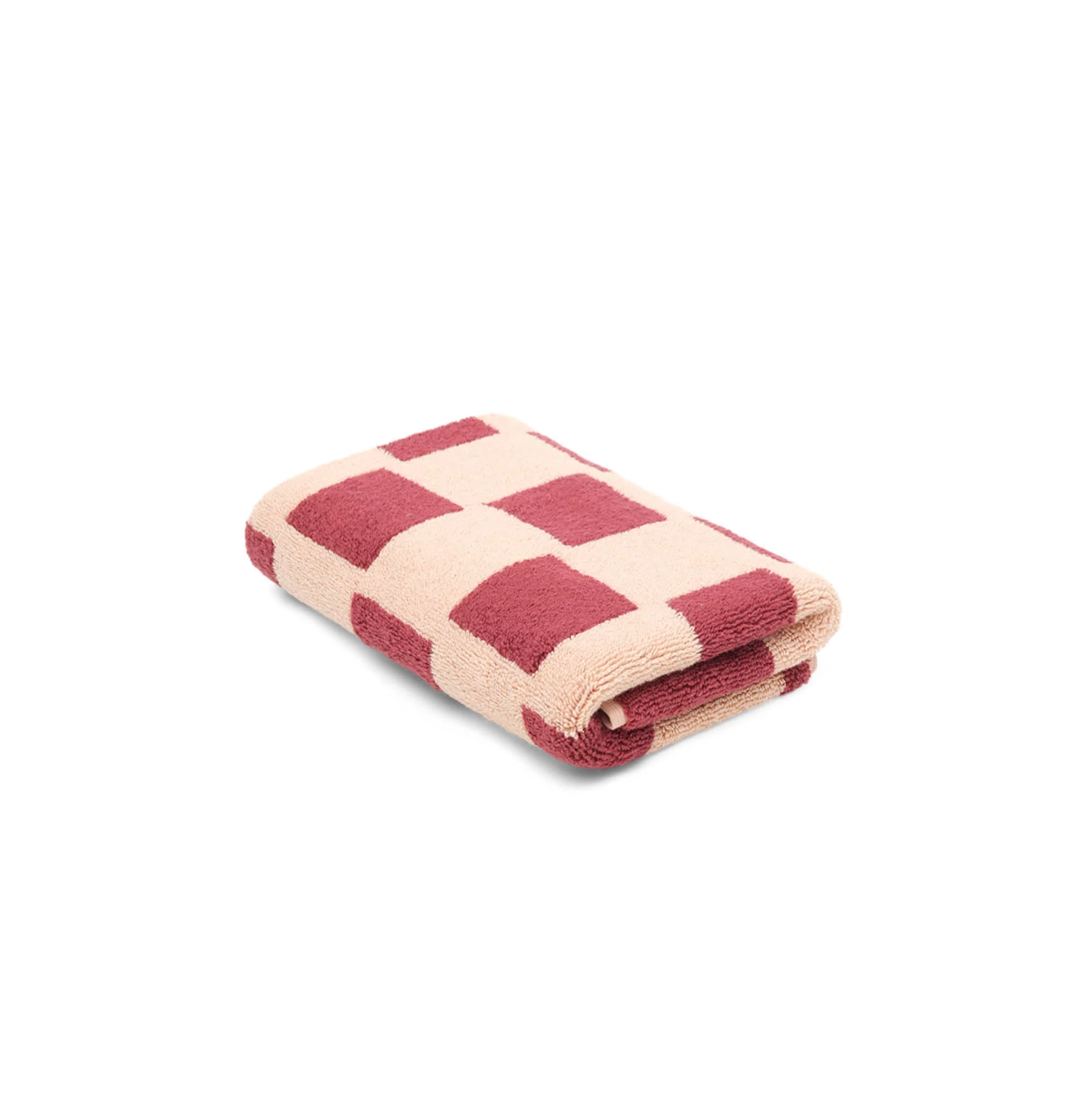 Folded Loop Home Hand Towel in ruby and almond blush brick checkered pattern made from organic cotton