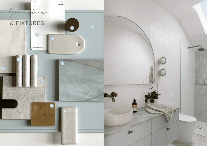 Digital Magazine showcasing bathroom and bedroom design finishes and fixtures with a modern white tiled bathroom interior and marble countertop.