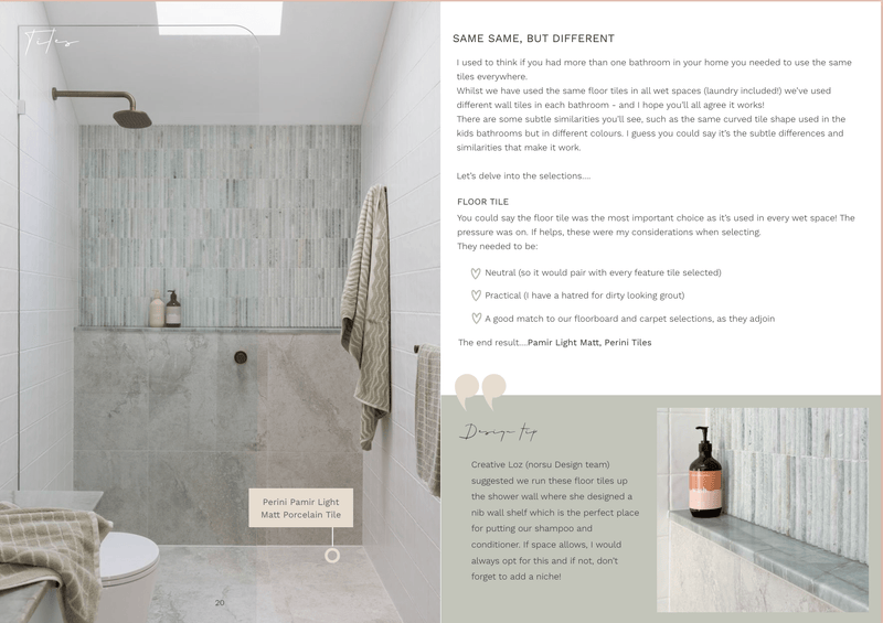 Modern bathroom with Perini Pamir Light Matt porcelain tiles and built-in shower niche, featured in norsuHOME 2 digital magazine chapter four.