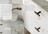 Digital magazine page showcasing Harvey's bathroom vanity with emerald green quartz countertop and signature brass cabinet pulls.