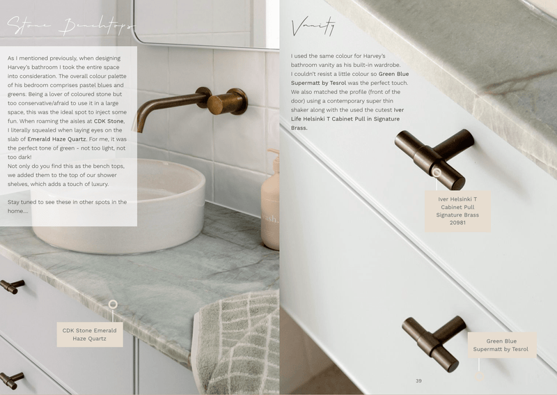 Digital magazine page showcasing Harvey's bathroom vanity with emerald green quartz countertop and signature brass cabinet pulls.