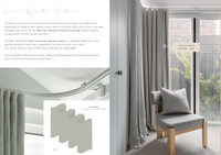Digital magazine showcasing Harvey's room corner windows with curved Linia Linesta linen curtains in Mist color and modern gray chair.