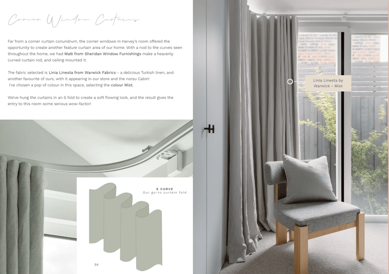 Digital magazine showcasing Harvey's room corner windows with curved Linia Linesta linen curtains in Mist color and modern gray chair.