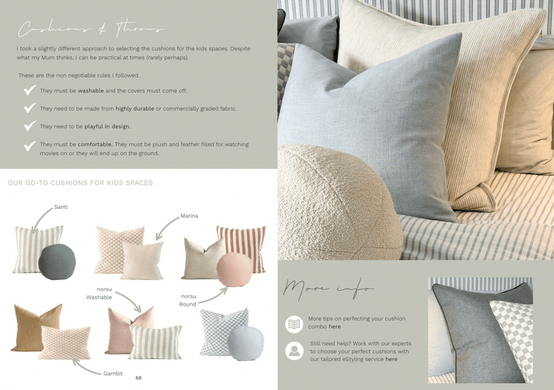 Digital magazine page showcasing practical design tips and cushion selections for kids' spaces with neutral-toned pillows on a bed.