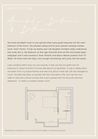 Digital magazine page featuring Annabel's bedroom and bathroom layout with design insights and practical renovation tips.