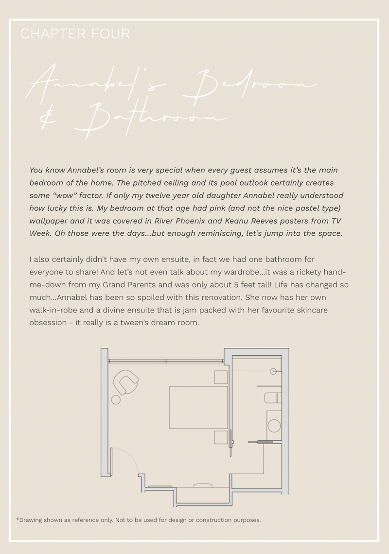 Digital magazine page featuring Annabel's bedroom and bathroom layout with design insights and practical renovation tips.