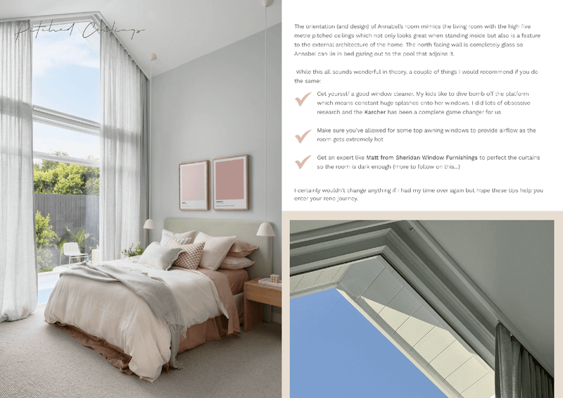 Modern bedroom with high ceilings, large windows, neutral bedding, and natural light in digital magazine featuring Annabel's bathroom and bedroom design tips.