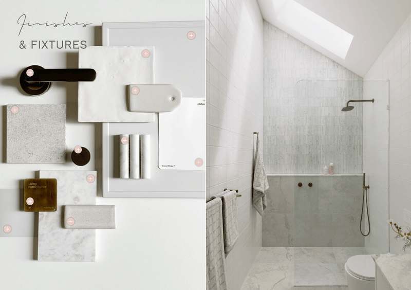 Digital Magazine showcasing bathroom and bedroom finishes and fixtures with a modern shower and design materials board