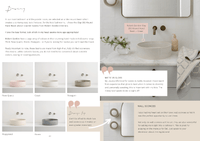 Digital magazine page showcasing Robert Gordon Clay 350 Round Hand Basin in a contemporary bathroom with design tips, basin color options, and wall sconces installation advice.
