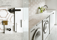 Digital magazine showcasing modern laundry room design with white finishes, hexagonal tile samples, and marble countertop.