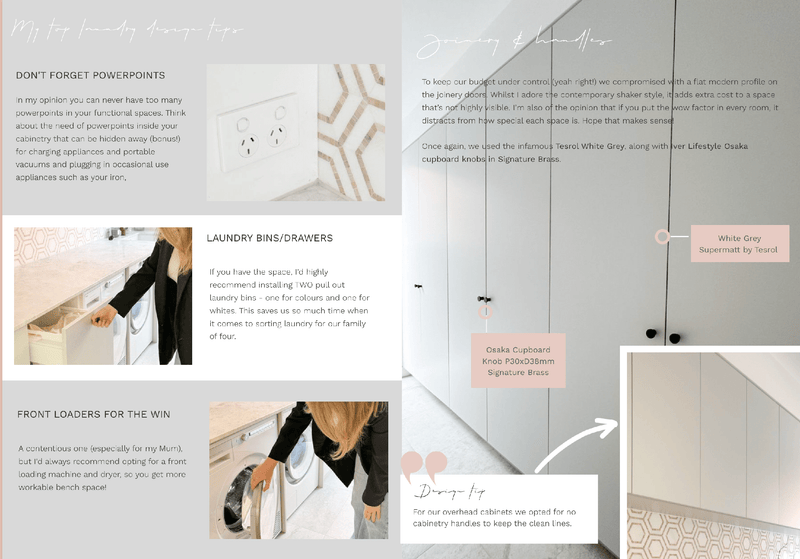 Digital magazine page featuring laundry room design tips with images of laundry bins, front-loading washer, modern cabinetry, and white grey cupboard finishes