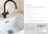 Digital magazine page featuring practical sink selection tips with image of Blanco SUBLINE 500-U Silgranite White sink and bronze faucet in a stylish laundry room